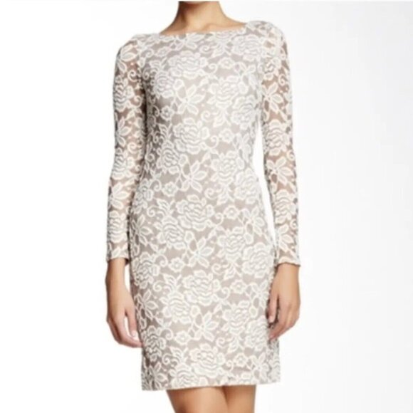 Eliza J Dresses & Skirts - Eliza J Overlay Lace Sheath Dress Beige Taupe Long Sleeve Formal Dress Size 14